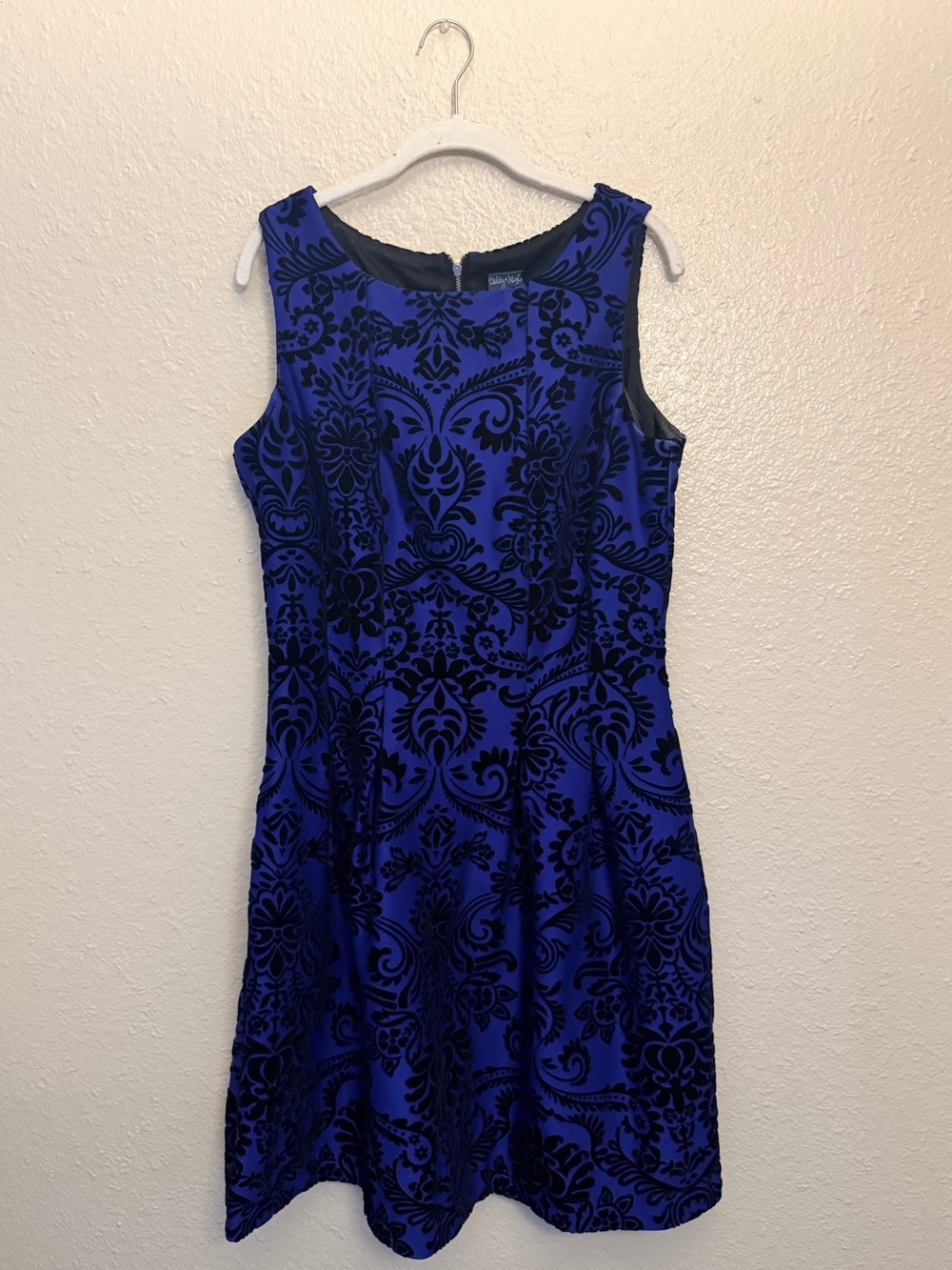 Sleeveless Blue & Black Patterned Fit-and-Flare Dress